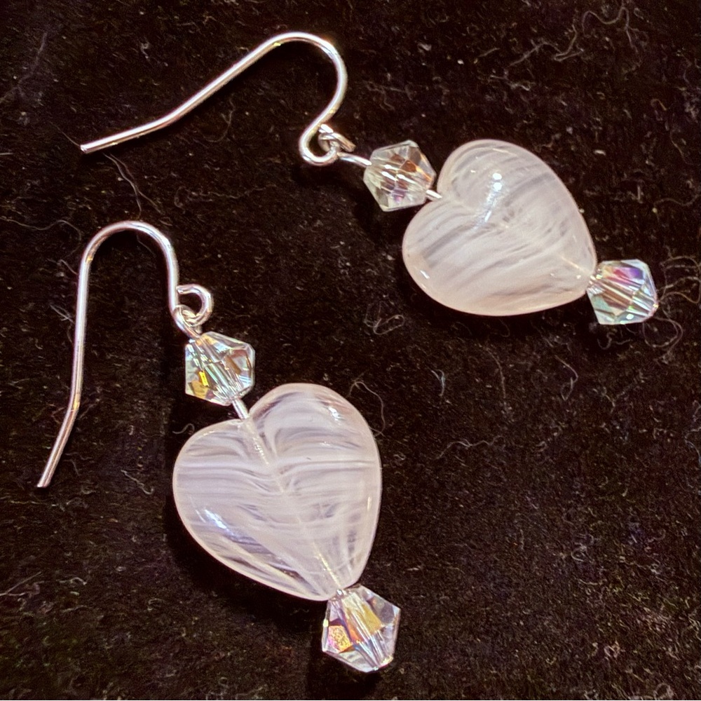 Elegant White Art Glass Heart-Shaped Silver Earrings with Swarovski Elements